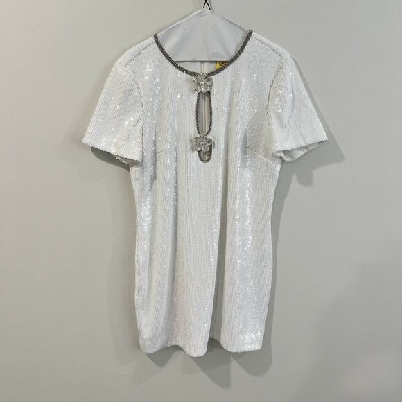 Self-Portrait White Sequin Mini Dress Flower Rhinestone - Picture 2 of 13
